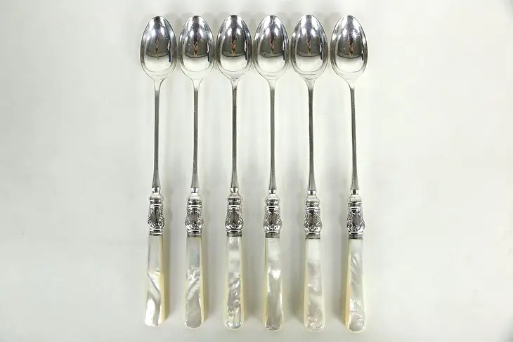 Set of 6 Mother of Pearl & Silverplate English Signed Ice Tea Spoons