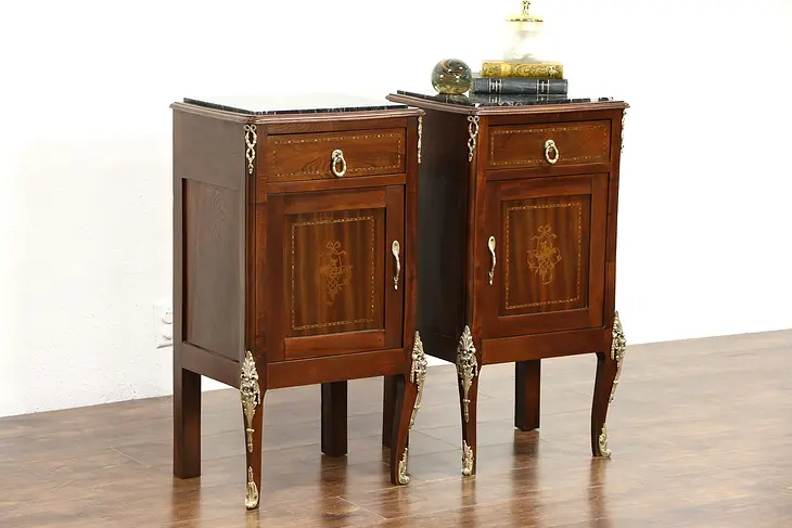 Pair of Italian Antique 1920 Nightstands or End Tables, Marquetry & Marble Tops