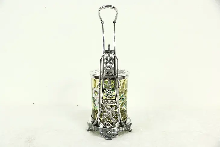 Victorian 1880 Silverplate Pickle Castor or Server, Enameled Glass Jar, Meriden