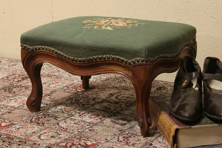 French Carved Walnut 1920 Foot Stool, Hand Stitched Needlepoint Upholstery