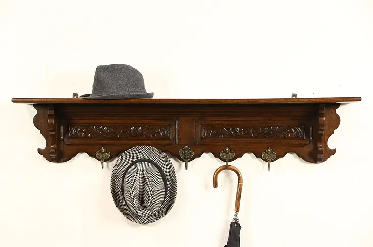 Dutch Oak 1900 Antique Hat or Coat Rack & Hall Shelf, Brass Face Hooks