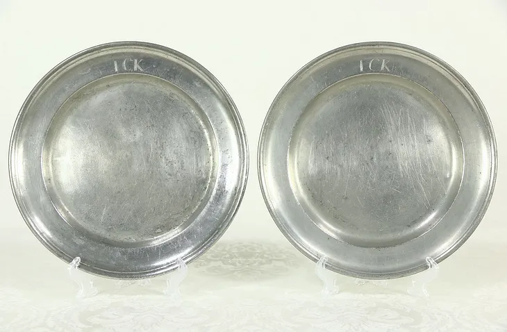 Pair Antique Pewter Plates, Angel Hallmark, ICK Monogram