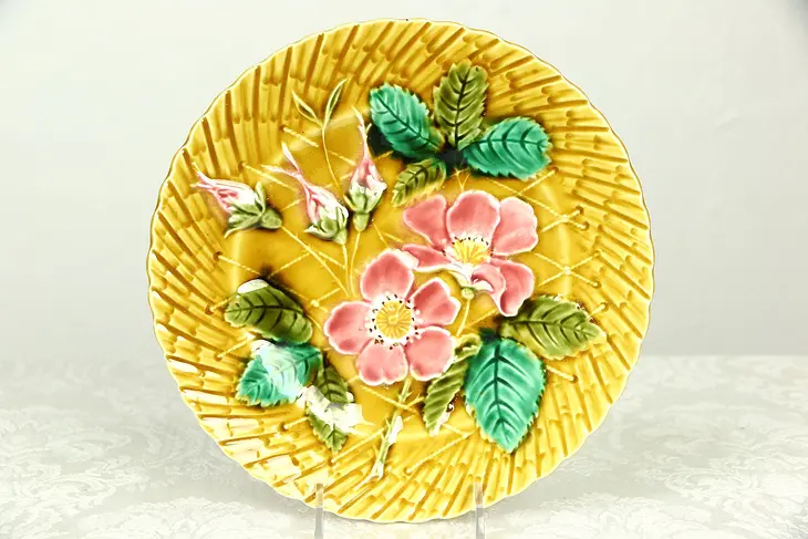 Majolica Hand Painted 1920's Antique 8 1/4" Flower Plate, Signed PV France
