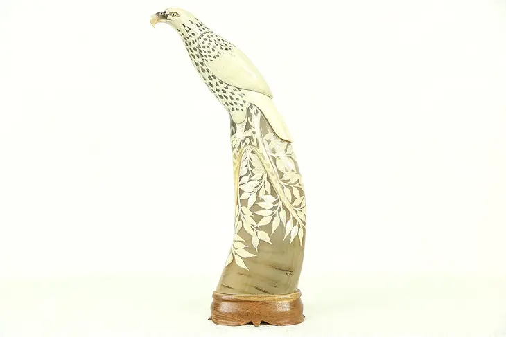 Bird Sculpture, Hand Carved Buffalo Horn, Thailand Folk Art 16 1/2" Tall