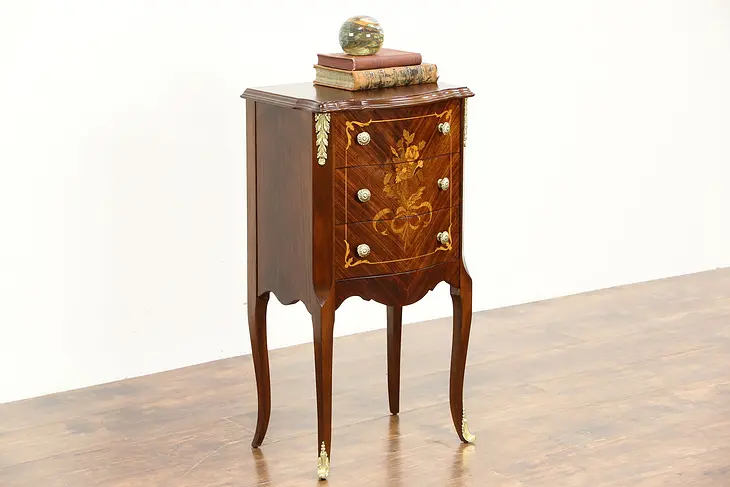 Rosewood Marquetry 1930 Vintage Nightstand or End Table, Brass Mounts