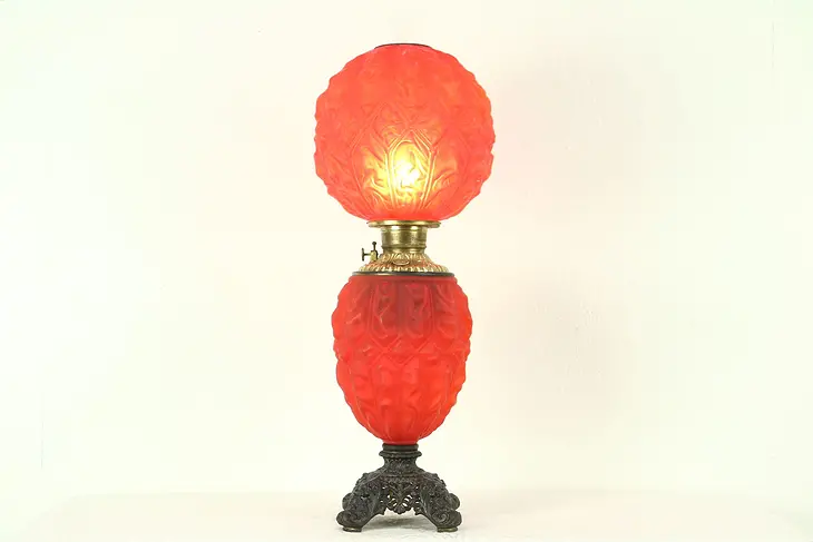 Victorian Antique 1895 Red Quilted Satin Glass Oil Lamp, Electrified