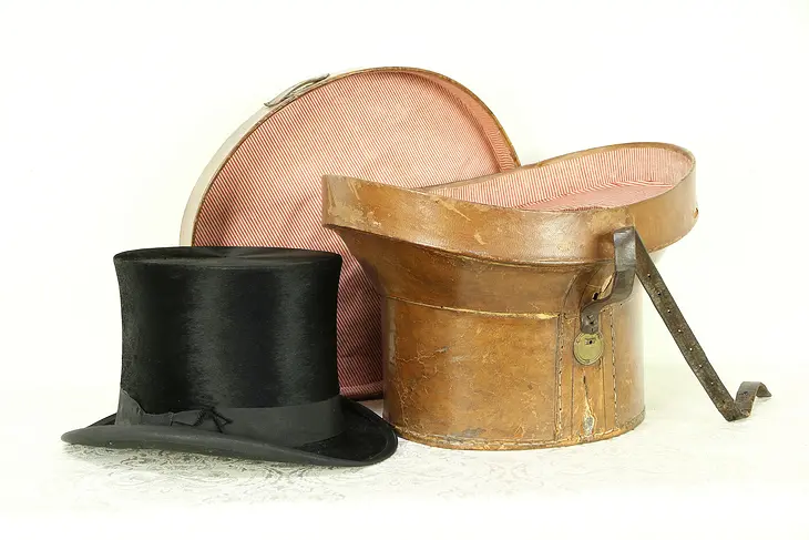Victorian Silk Antique English Man's Top Hat & Leather Case, Signed Bath #30672