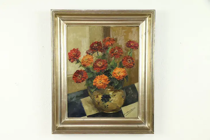 Marigolds Still Life Vintage Danish Oil Painting, Geo. Vuylsteke #31301