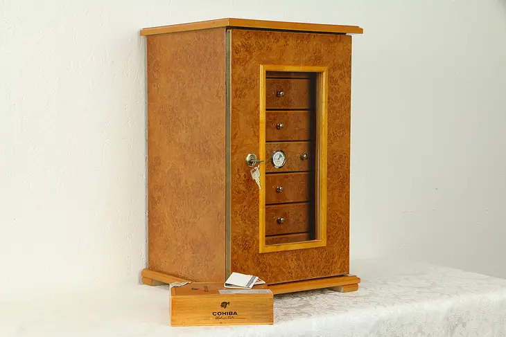 Cigar Humidor Tabletop Cabinet, 7 Drawers, Humidity Gauge, Elm Burl #31310