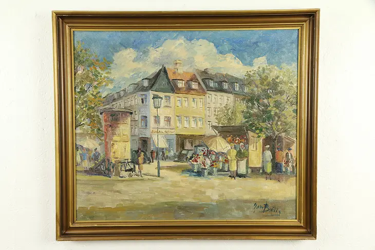 Flower Market in Scandinavia, Signed Original Oil Painting #31944
