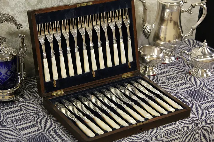 Pearl Handle Antique English Boxed Set of Silverware, 12 Fish Forks & Knives