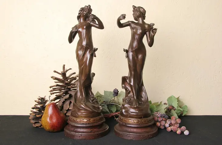Art Nouveau 1900 Statues with Butterfly & Dragonfly, Signed Cadet