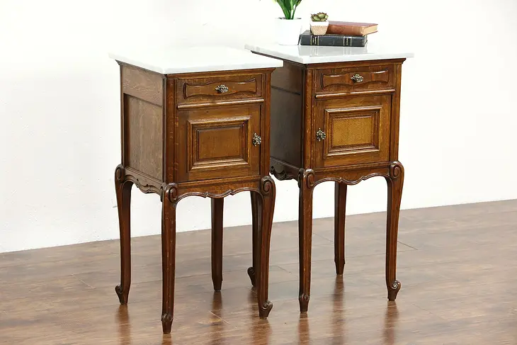 Pair Country French Carved Oak & Marble 1910 Antique Nightstands