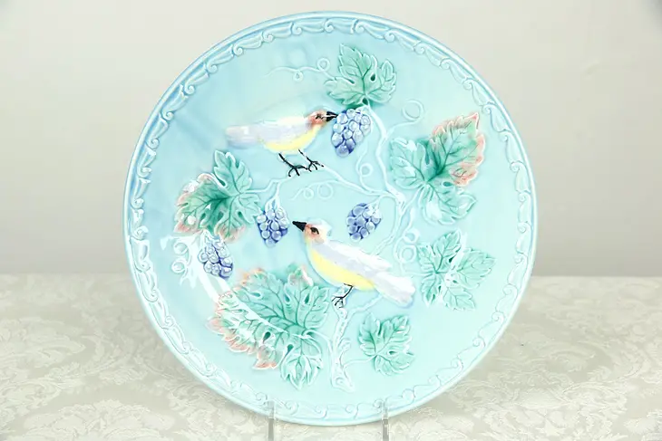 Majolica Plate, Hand Painted Grapes & Birds, West Germany