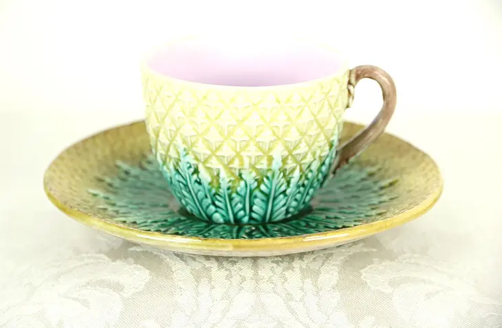 Majolica Hand Painted Tea or Coffee Cup and Saucer, Pineapple Pattern