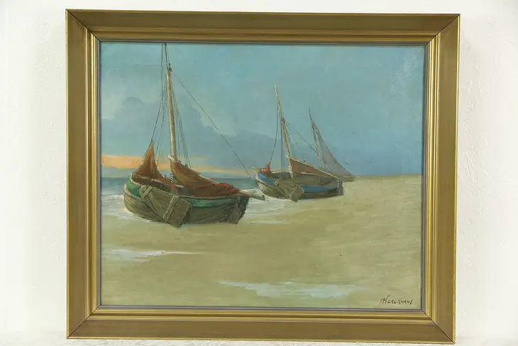 Fishing Boats, Original 1930's Oil Painting, Signed Horckmans, Belgium