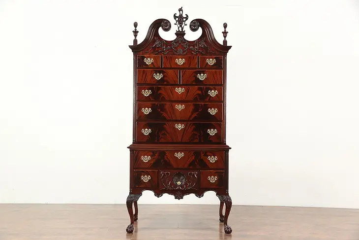 Georgian Style Carved Mahogany 1930's Highboy or Tall Chest on Chest