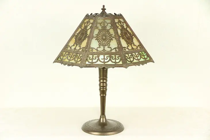 Stained Glass Filigree Shade Antique 1920 Table Lamp #29615