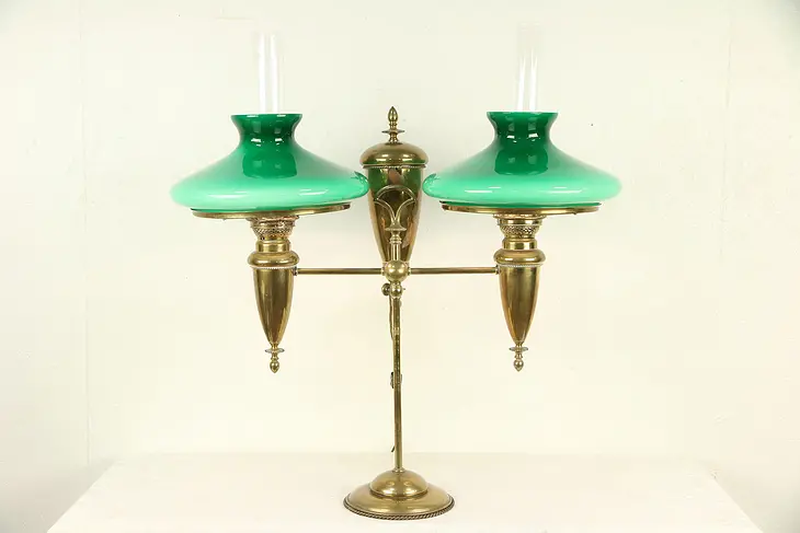 Double Oil Antique Brass Desk Lamp, Electrified, Emerald Green Shades #29725