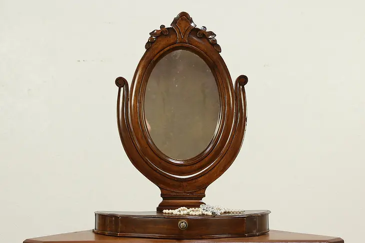 French Antique Carved Walnut Shaving or Dressing Mirror, Jewelry Drawer #30089