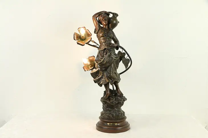 Bergere Shepherdess Antique Sculpture Newel Post Lamp, Signed Mestais #31529