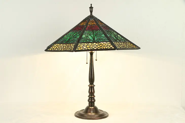 Octagonal 3 Color Stained Glass Shade Antique Lamp, Bradley & Hubbard #31612