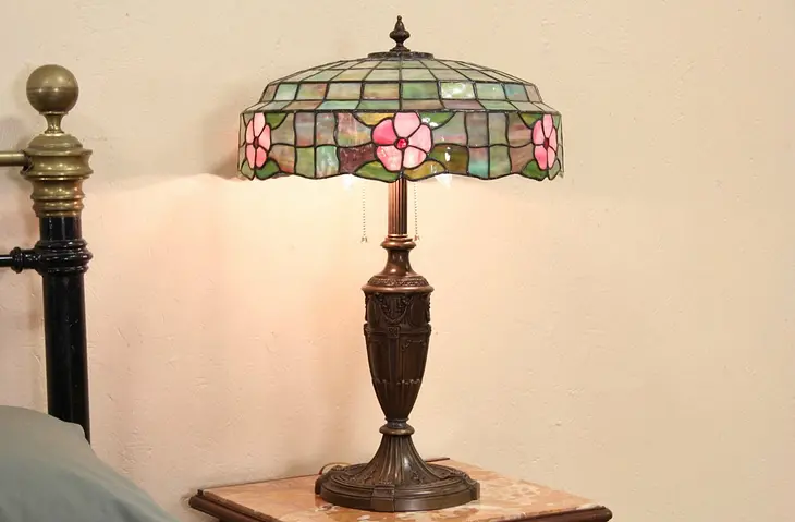 Table Lamp, 1915 Antique Leaded Stained Glass Shade