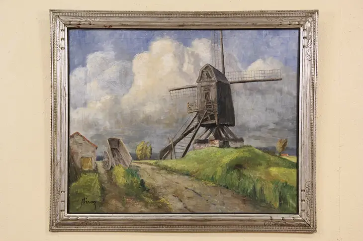 Windmill on the Dutch Shore, Signed Original Oil Painting