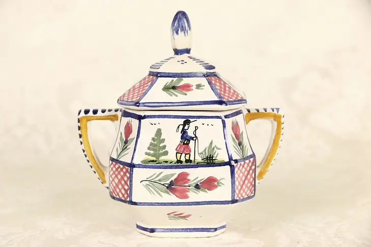 Quimper Two Handled Jam Pot, Hand Painted & Signed, Brittany, France
