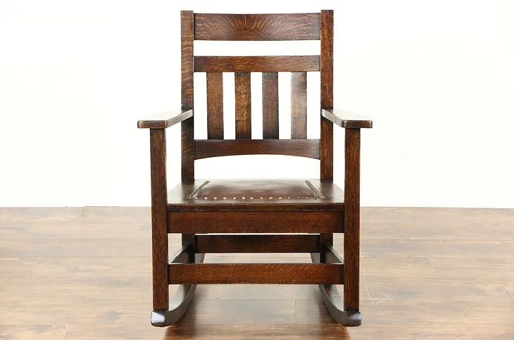 Arts & Crafts Mission Oak Rocking Chair, Craftsman 1905 Antique, Leather Seat