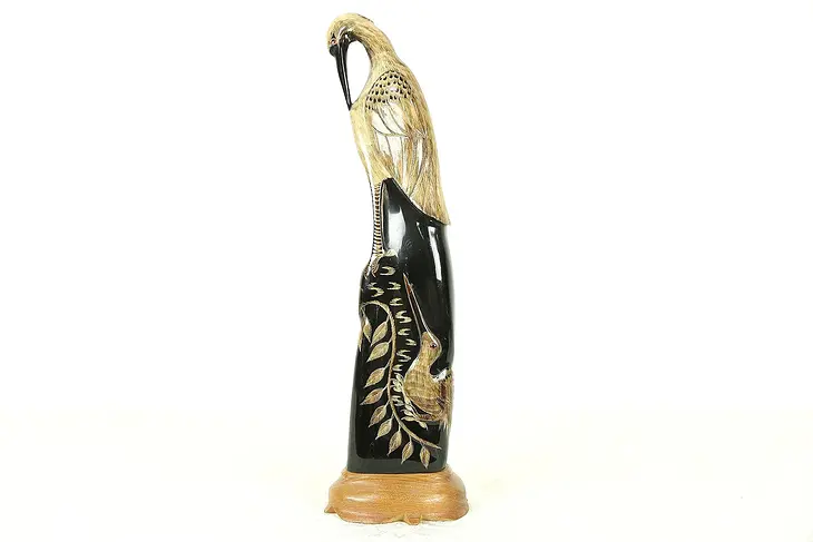 Thailand Folk Art Bird Sculpture, Hand Carved Buffalo Horn,  14 1/2" Tall