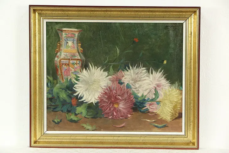 Chrysanthemums & Chinese Vase Original Oil Painting, Leon Reding