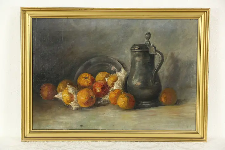 Still Life Pewter Jug & Fruit Original Oil Painting, 1910 Antique, Holland