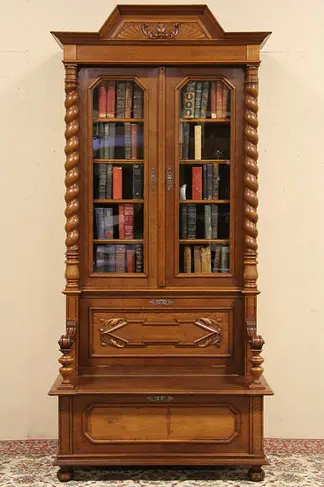 Carved Oak 1885 Combination Hall Bench & Bookcase