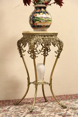 Victorian 1890 Antique Brass Pedestal Stand, Onyx Tops