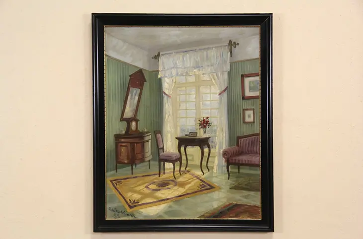 Drawing Room in Denmark, 1923 Original Oil Painting, 44" Tall