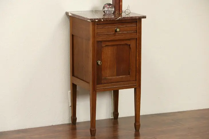 French Oak 1920 Antique Nightstand, Marble Top