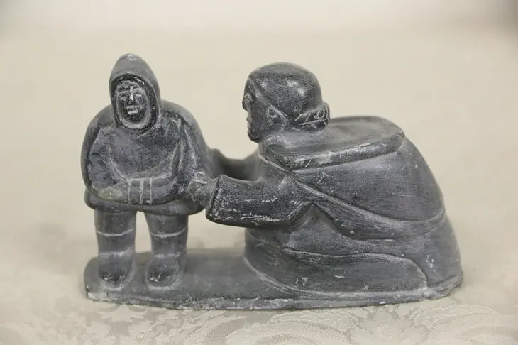 Inuit Hand Carved Soapstone Mother & Child Sculpture