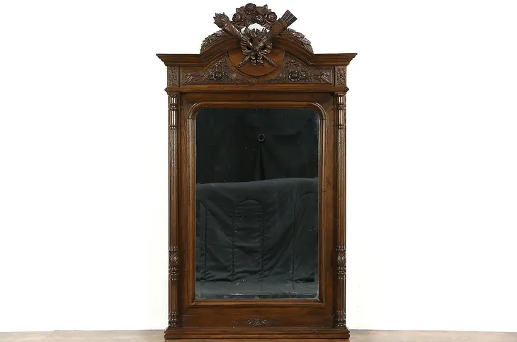French Louis XVI Antique 1890 Carved Oak Beveled Wall or Mantel Mirror