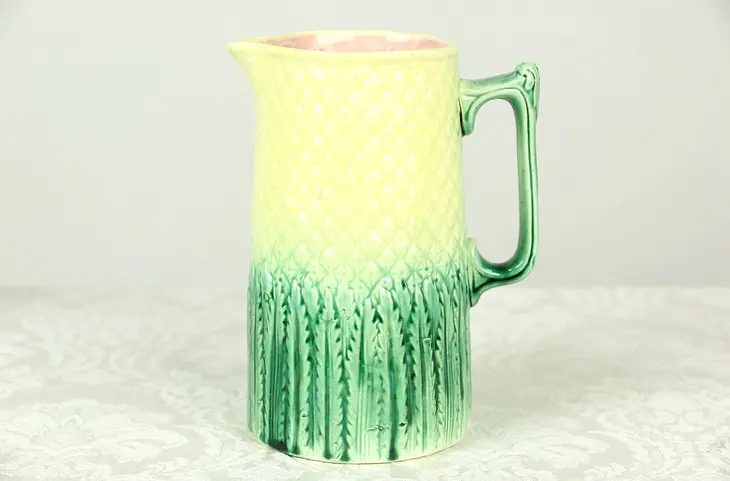 Majolica Hand Painted Pitcher, Quilted & Leaf Design