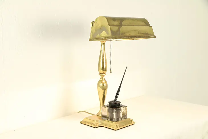 Brass Antique Adjustable Desk Lamp & Sengbusch Inkwell Pat 1907 #30154