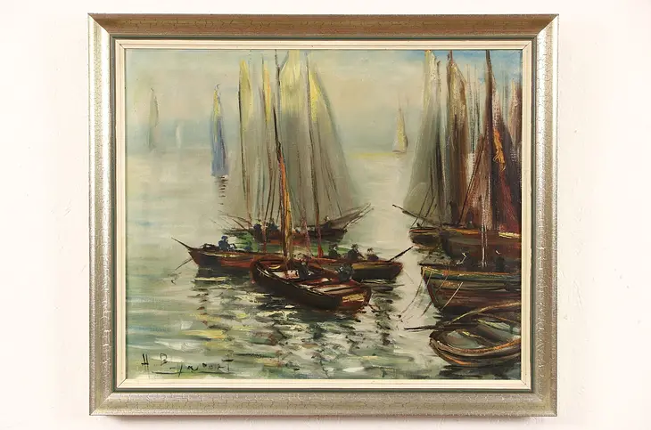 Sailboats and Fishing Boats, Original Oil Painting, Belgium 1950 Vintage, Signed