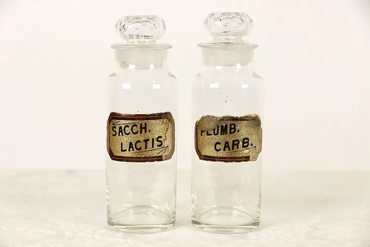 Pair of Antique Apothecary Medical Drug Store Jars, Pat. 1884, Gold Labels