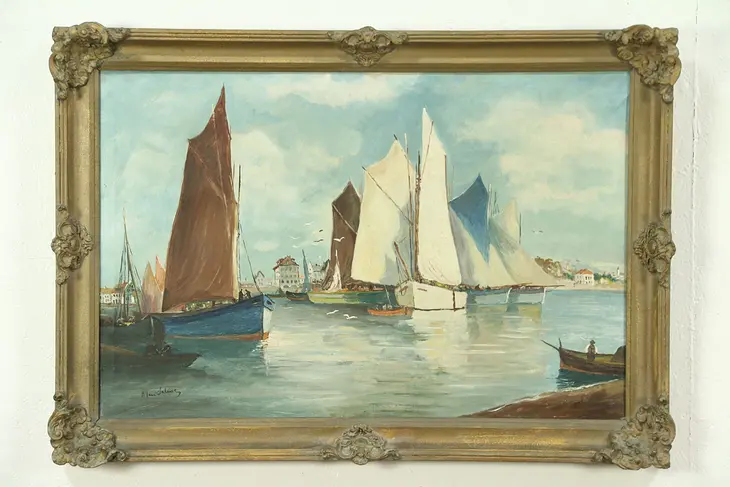 Flemish Harbor Scene with Sailing Ships Antique Original Oil Painting, Signed