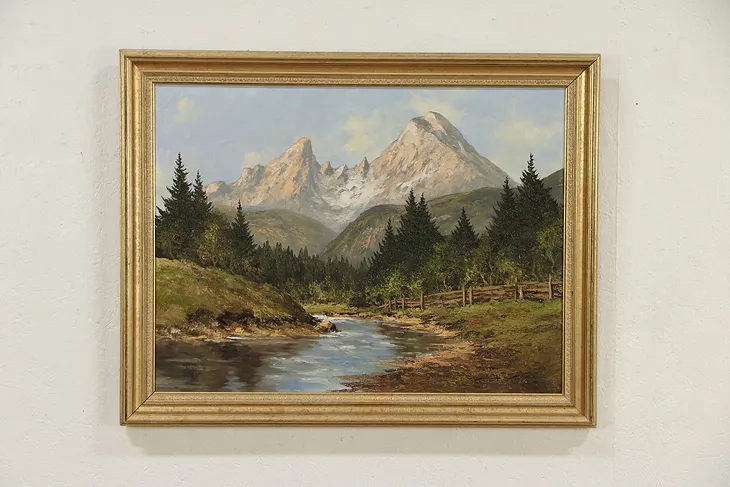 Alpine Mountain Scene, Signed Kurt Moser Original Vintage Oil Painting #29625