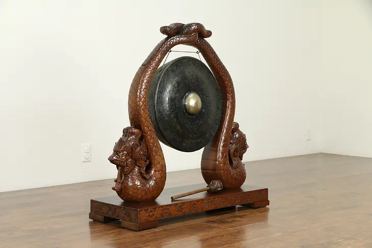 Chinese Antique Bronze Gong, Mahogany Stand, Hand Carved Serpents #31363