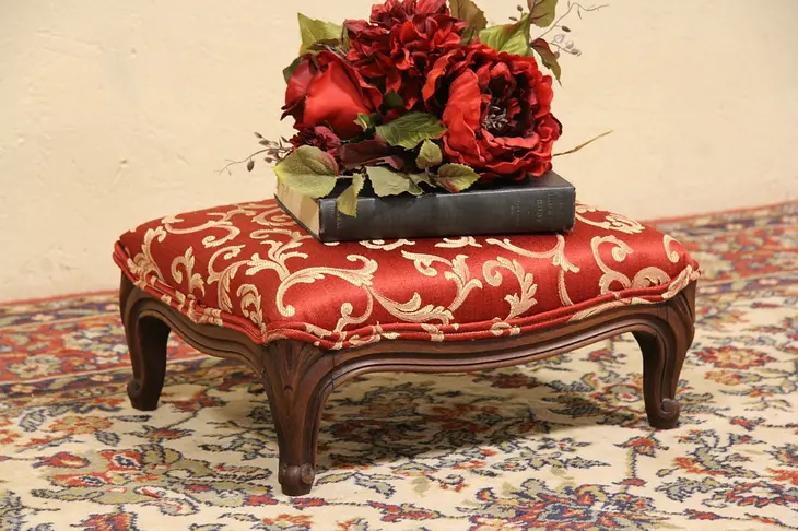 Carved Fruitwood Vintage Footstool, Newly Upholstered