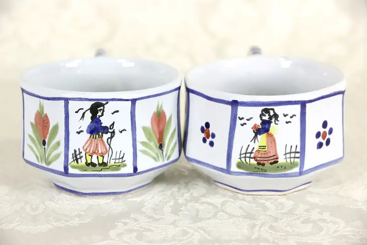 Set of 2 Coffee Cups, Quimper Hand Painted Brittany, France