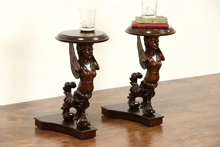 Pair of Italian 1900 Carved Angel Sculpture Stands, Pedestals, Chairside Tables