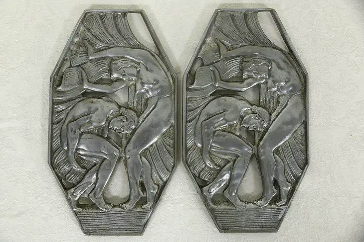 French Art Deco 1925 Pair Nickel Bronze Nude Figures Sculpture Plaques